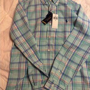 Ralph Lauren Men's Green and Blue Plaid Shirt